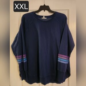 Navy Blue Sweater with Striped Sleeves